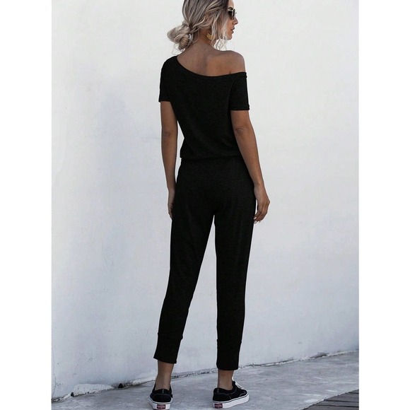 minimalist Asymmetrical Neck Drawstring Waist Slant Pocket Tee Jumpsuit - Picture 2 of 11